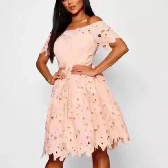 BOOHOO Boutique Off Shoulder Lace Skater Blush Dress NWT Size 14 - Picture 1 of 13